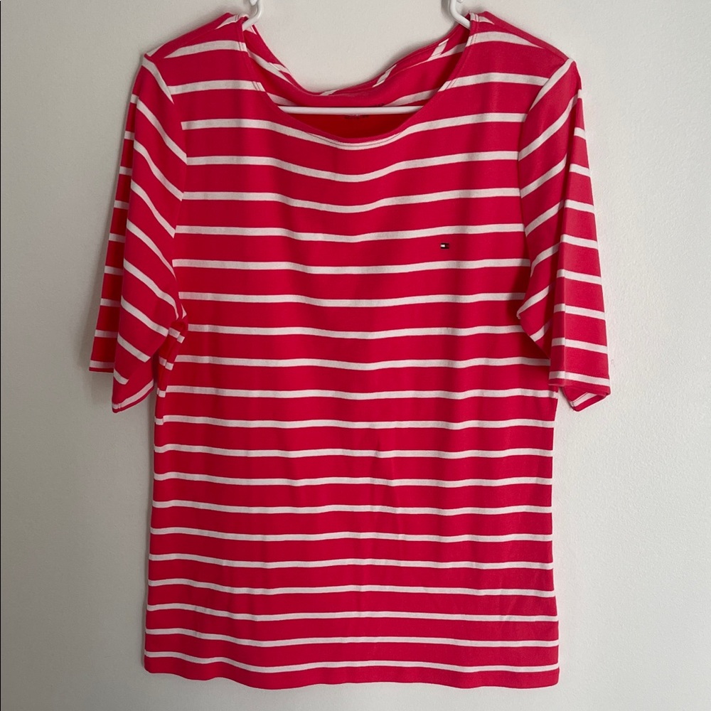 Tommy Hilfiger Women's Red and White Striped Short Sleeve Tee